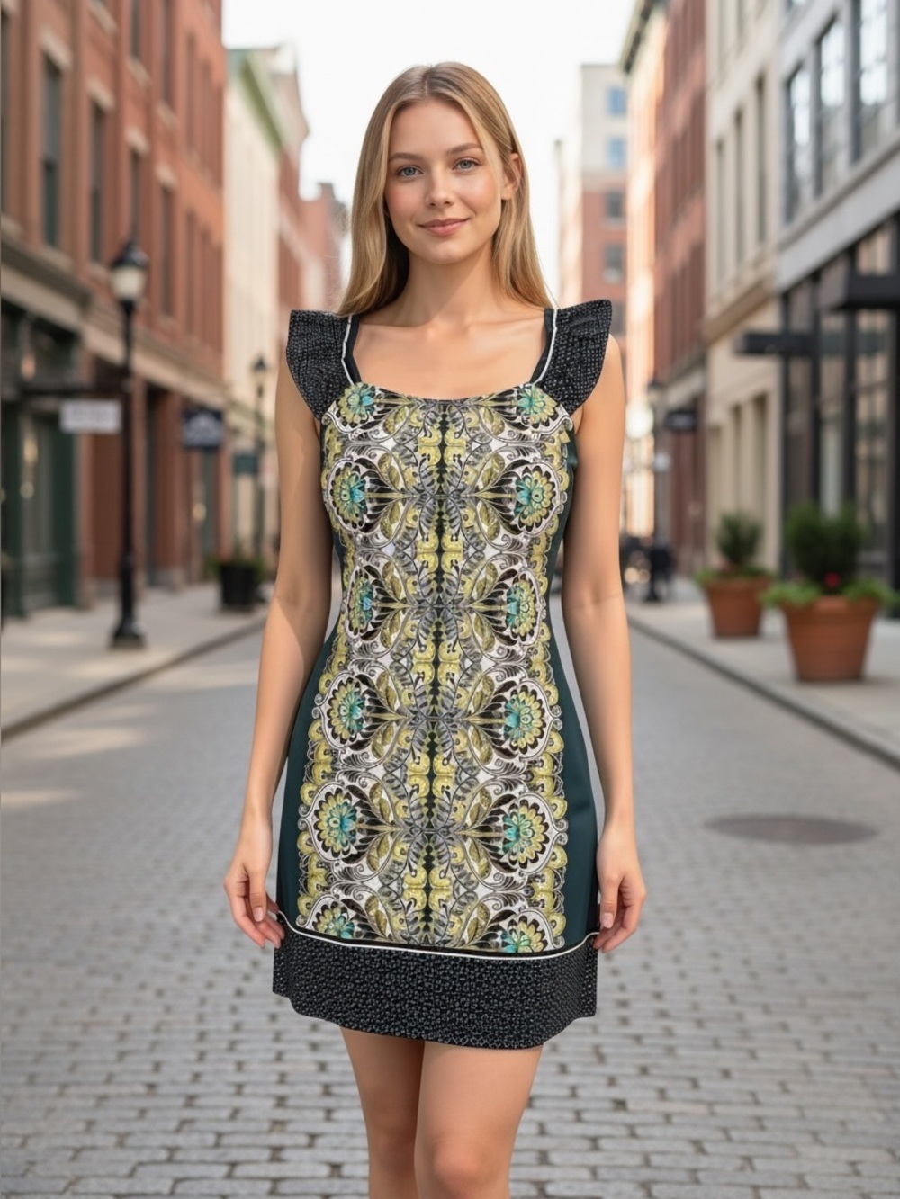 Jessica Vintage Boho Placement Floral Shift Mini Dress Green Yellow Size 10